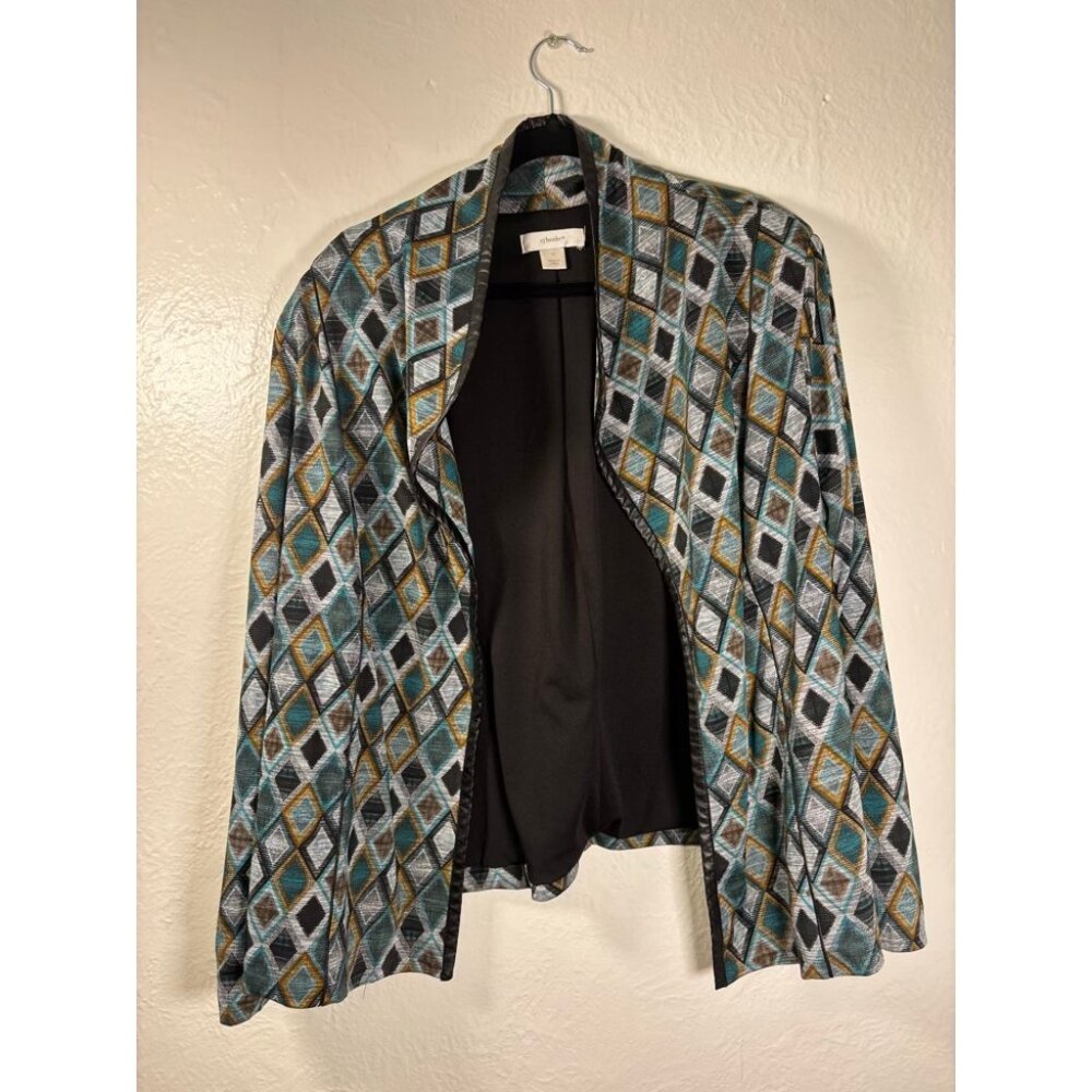 CJ Banks Blazer Blue Gold Diamond Pattern 1X Office‎ Artsy Layering Work 90's